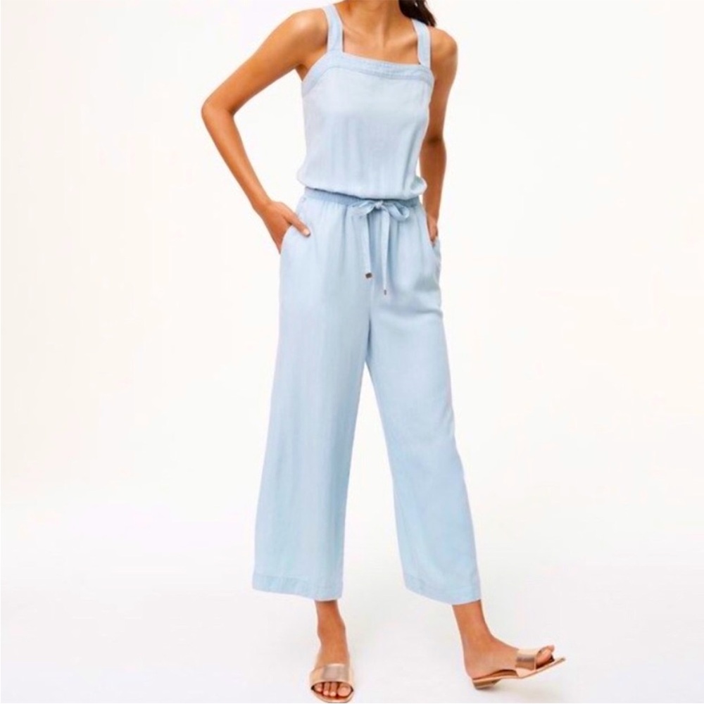 LOFT Women's Chambray Apron Top Drawstring Jumpsuit Blue Wide Leg Size Small EUC